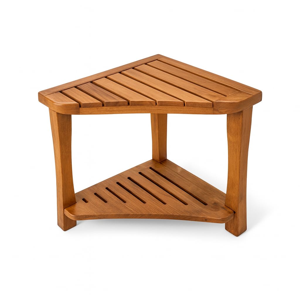 Teak Corner Shower Bench with Storage Shelf G876011
