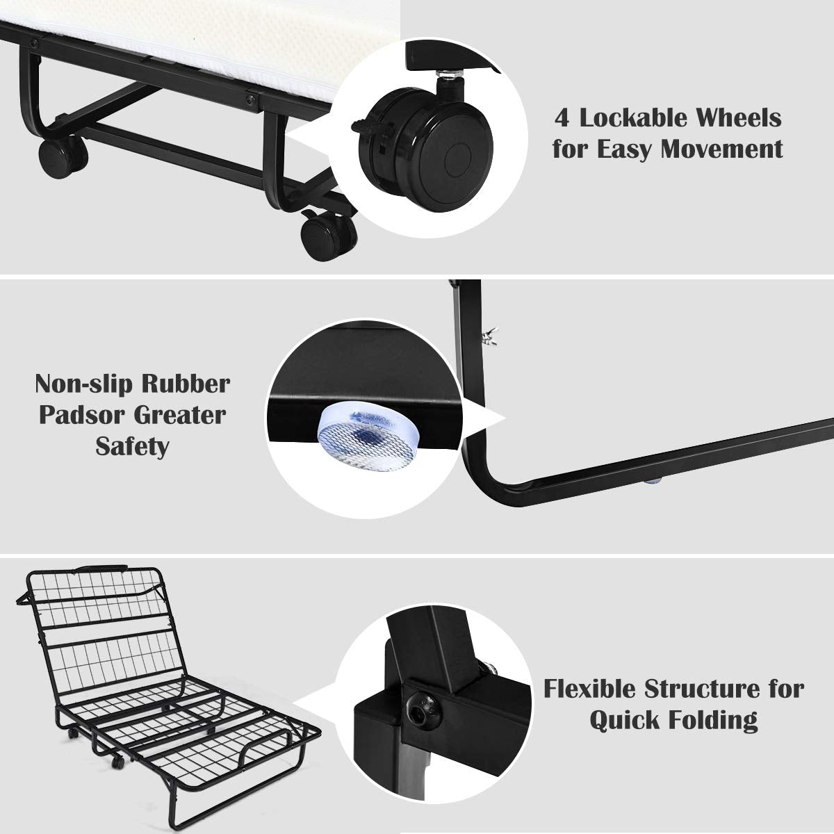 Folding Bed with Mattress Twin Size Metal Frame Memory Foam H447
