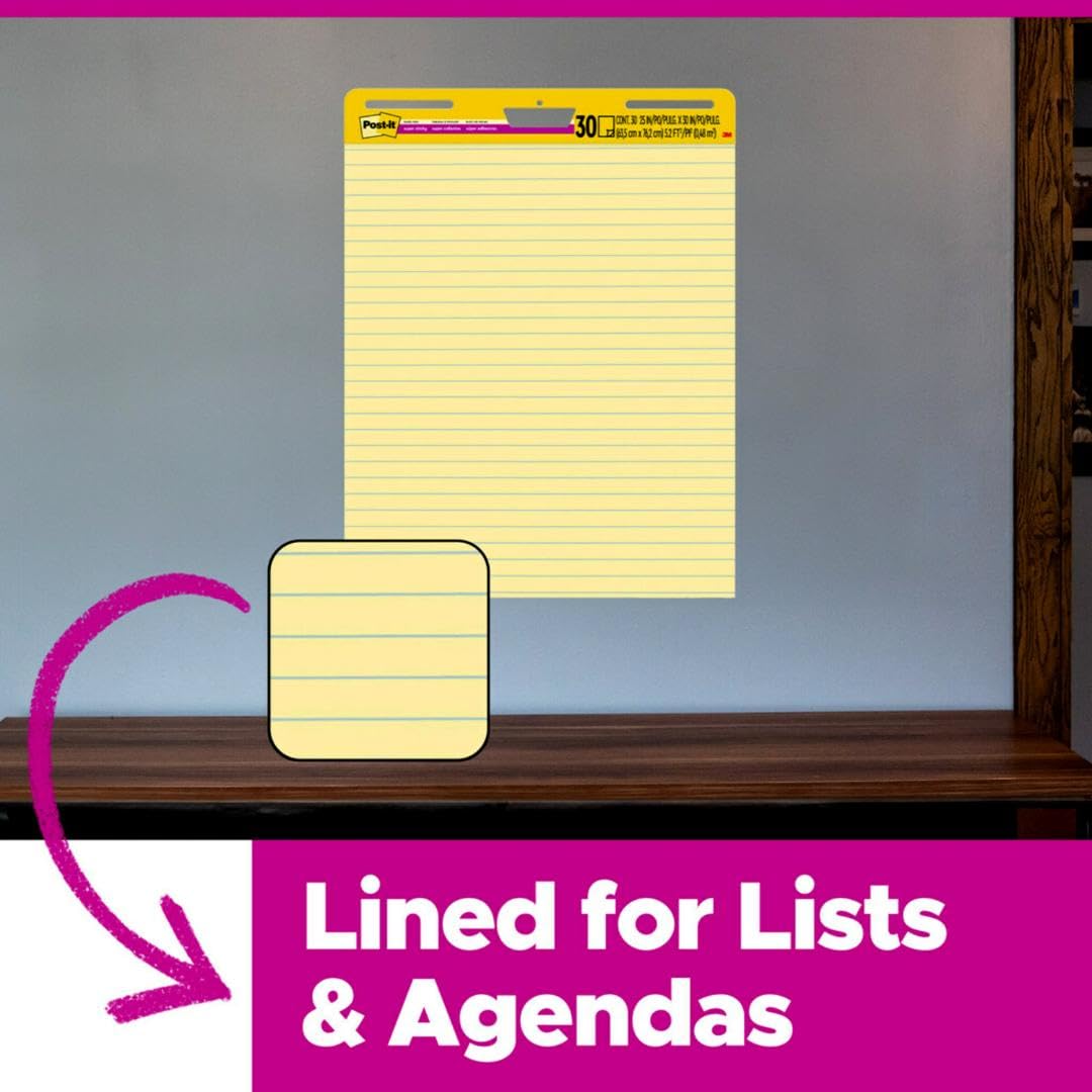 Yellow Lined Self Stick Easel Pad, 25 x 30 Inches, 30 Sheets/Pad, 4 Pads F2476