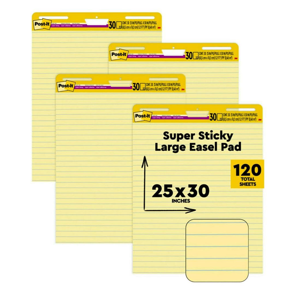 Yellow Lined Self Stick Easel Pad, 25 x 30 Inches, 30 Sheets/Pad, 4 Pads F2476