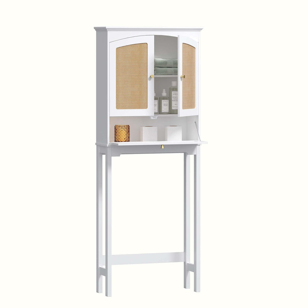 Over the Toilet Storage Cabinet with Arched Rattan Doors, White C88571