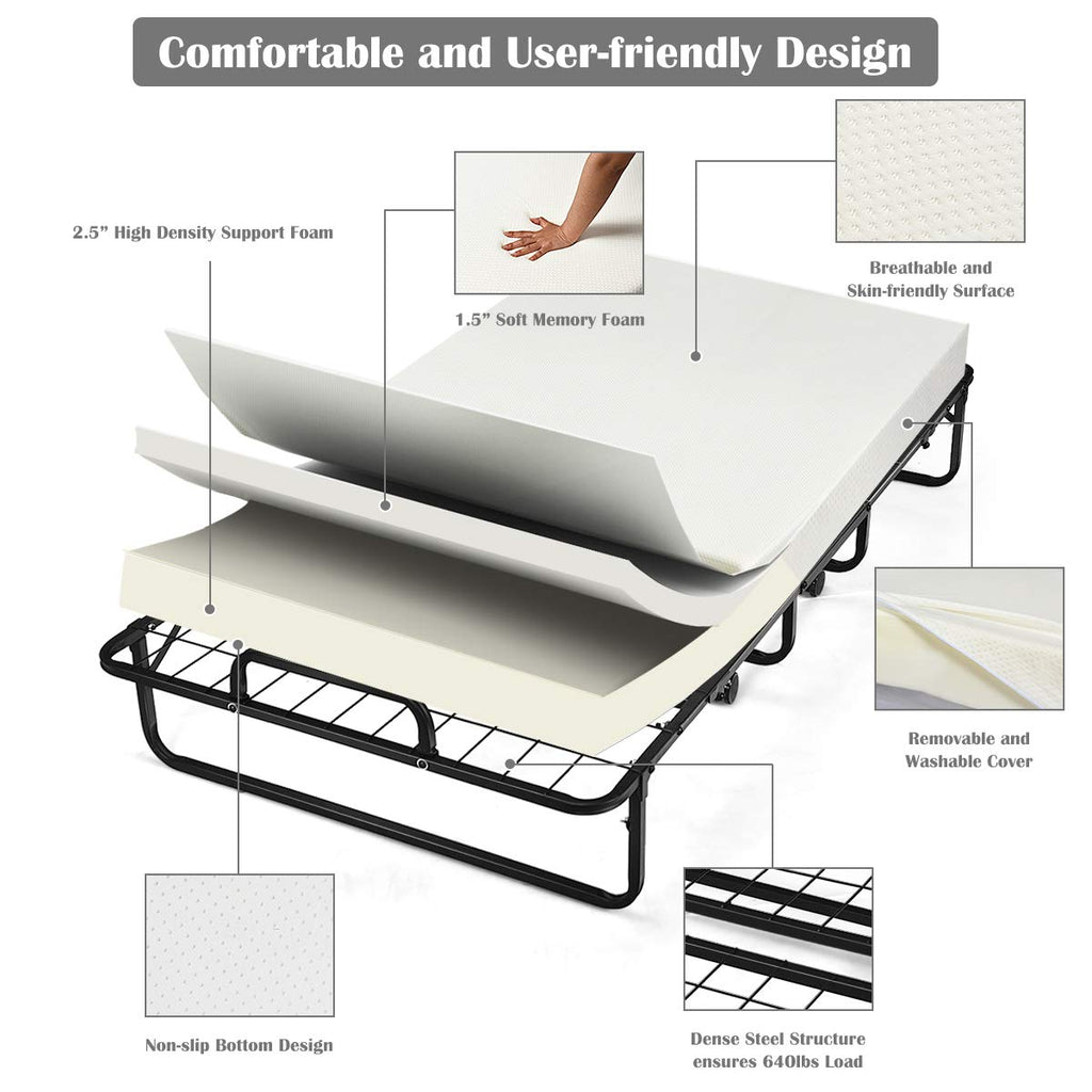 Folding Bed with Mattress Twin Size Metal Frame Memory Foam H447