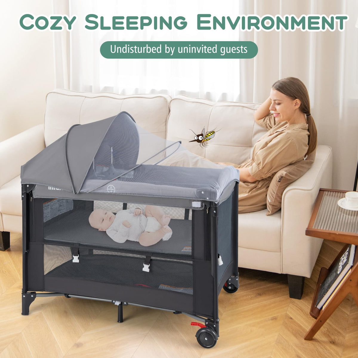 4 in 1 Pack and Play, Baby Bassinet, Bedside Sleeper, Diaper Changer S9489