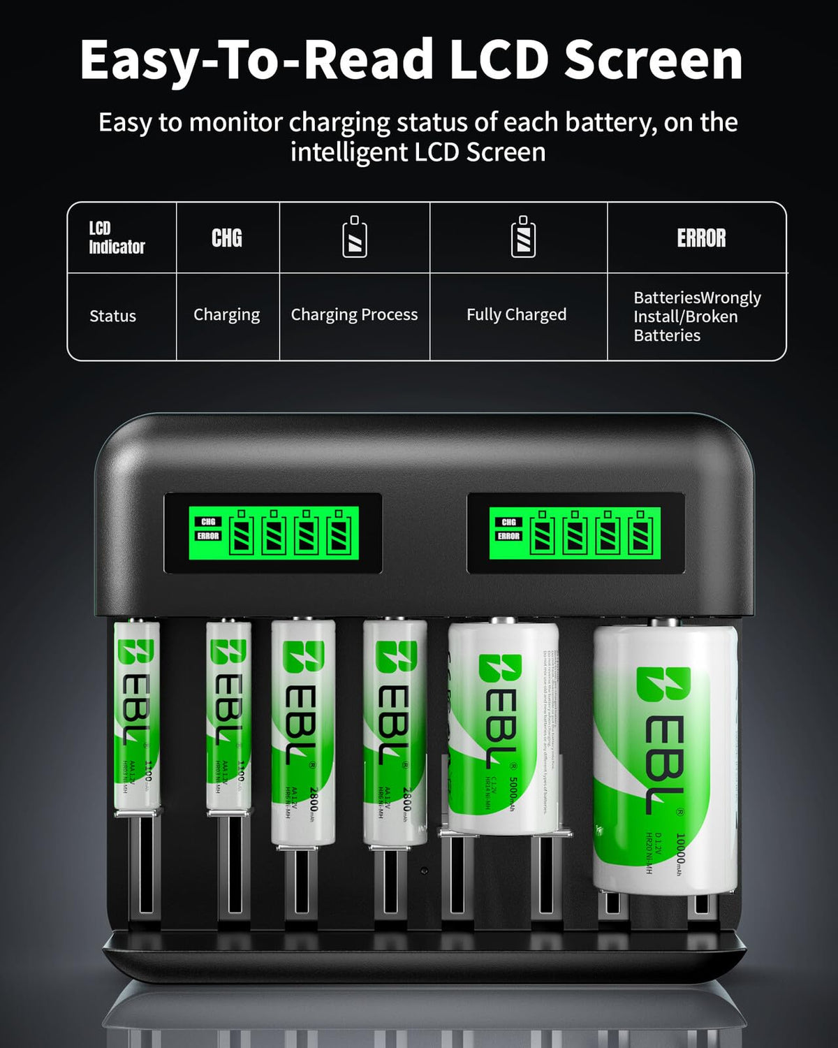 AA AAA C D Rechargeable Battery Charger with 8 PCS Batteries O245968