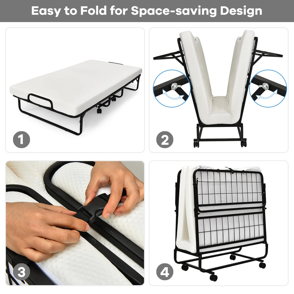 Folding Bed with Mattress Twin Size Metal Frame Memory Foam H447
