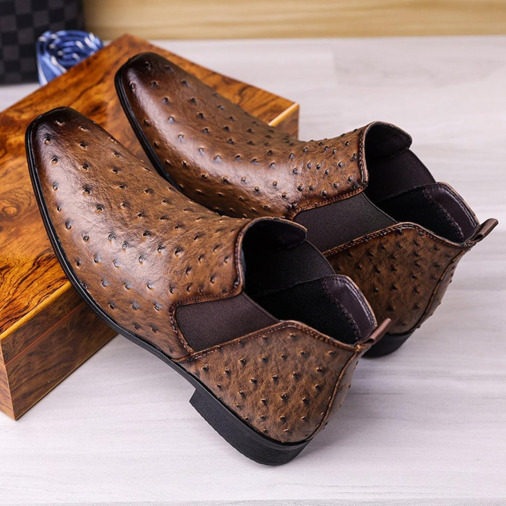 Men's Ostrich Patent Leather Chelsea Boots Pointed Toe Low Heel Ankle Boots Z1364