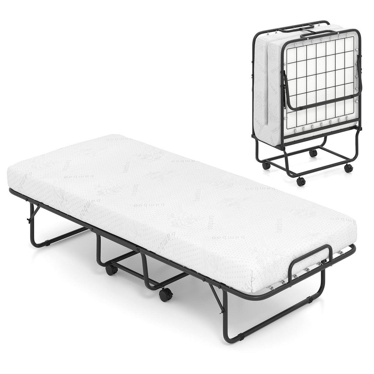 Folding Bed with Mattress, Cot Size Gel Memory Foam Metal Frame T651113