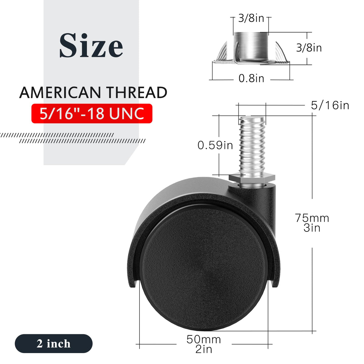 2 Inch Black Swivel Stem Casters Set of 4 H77013
