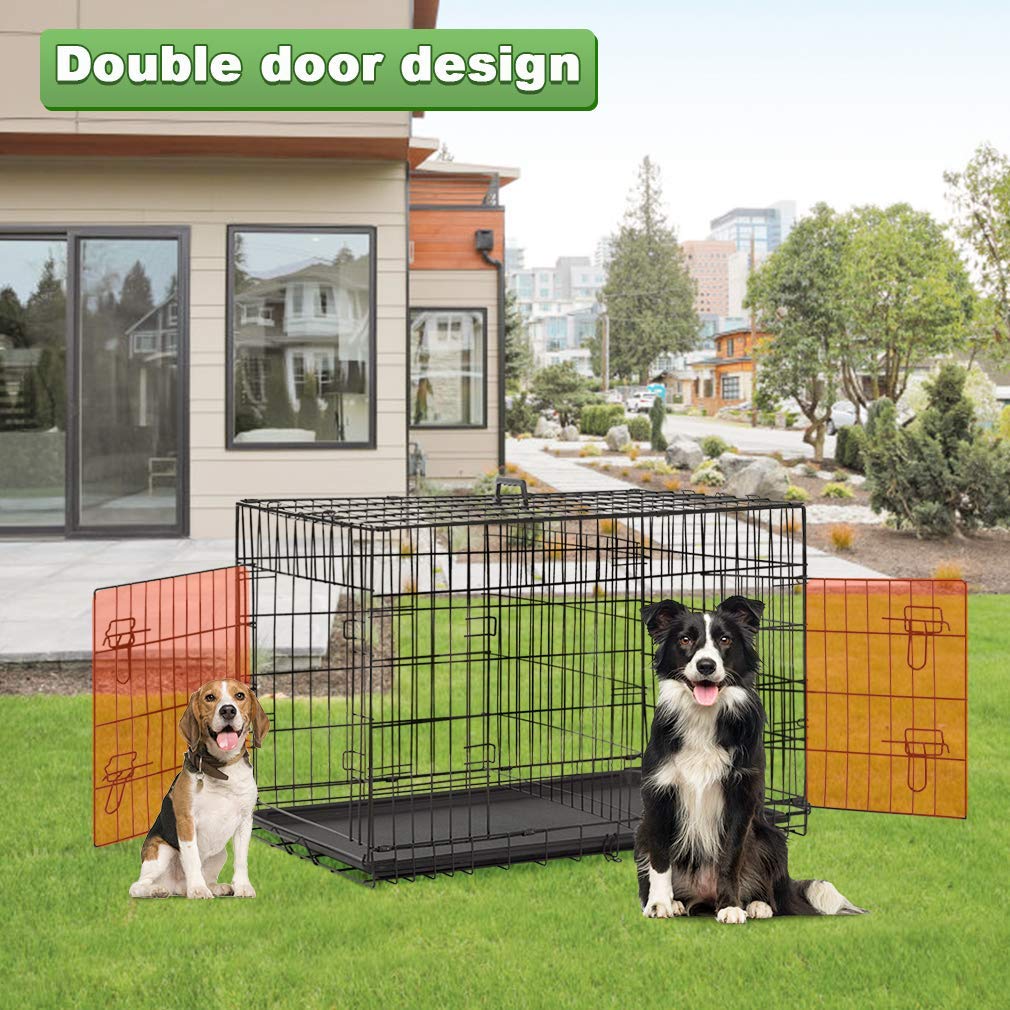 Large Double Door Folding Dog Crate with Divider and Tray B7043