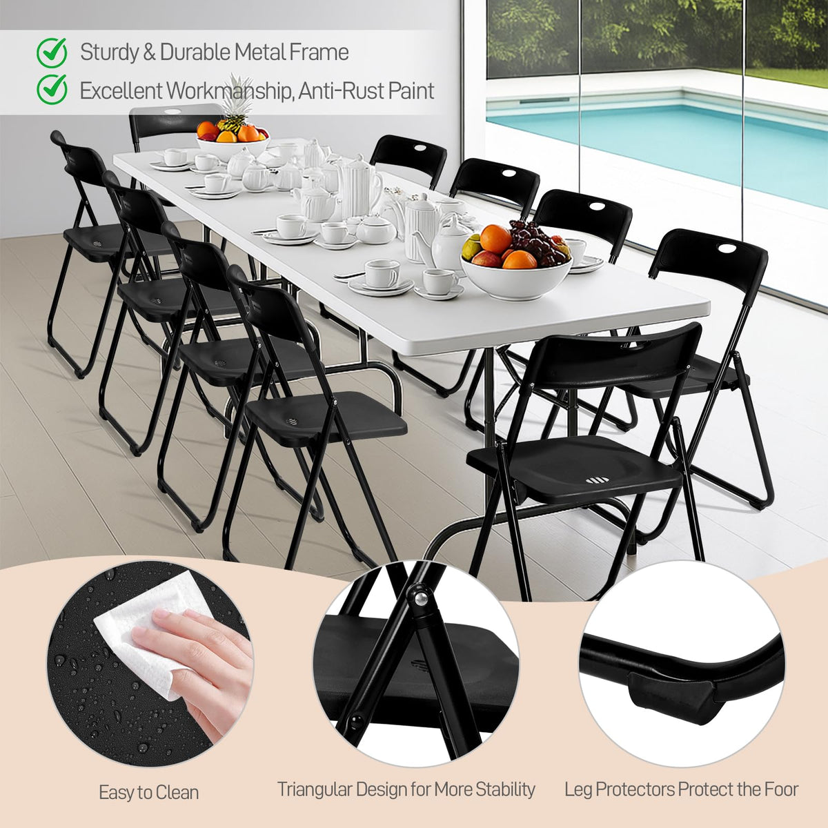 10 PCS Black Plastic Folding Chair J269321