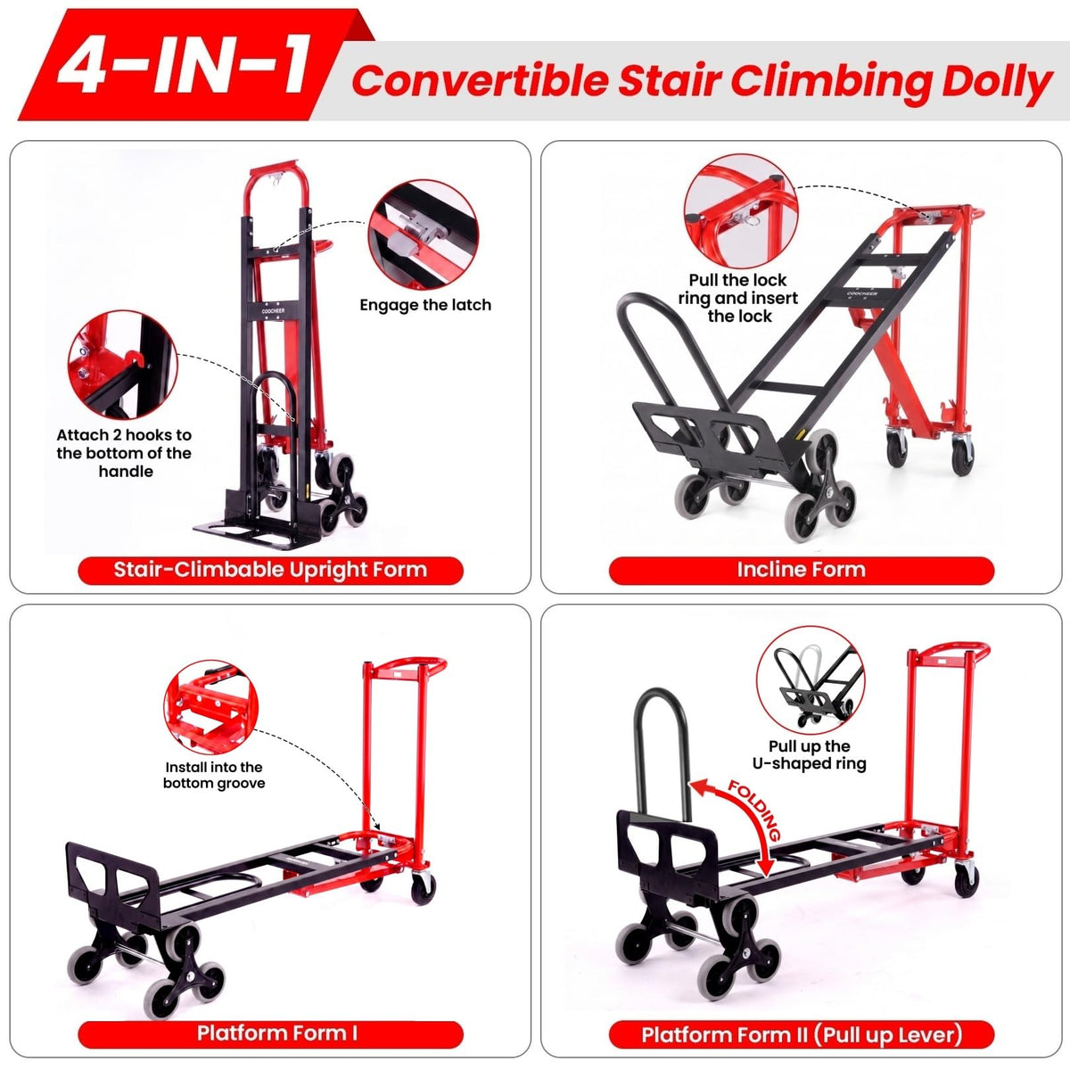 Heavy Duty 1000LBS Stair Climbing Convertible Hand Truck Cart with Solid Wheels F665721