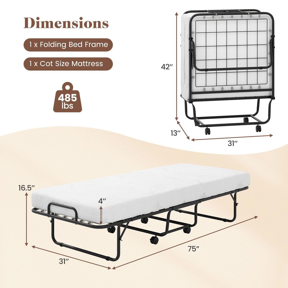 Folding Bed with Mattress, Cot Size Gel Memory Foam Metal Frame T651113