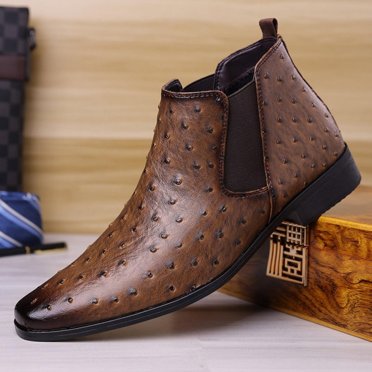 Men's Ostrich Patent Leather Chelsea Boots Pointed Toe Low Heel Ankle Boots Z1364