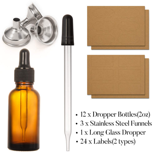 2 oz Amber Glass Dropper Bottle with Funnels F6358