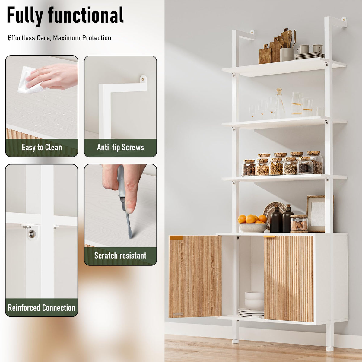 74" Tall White and Oak Bookshelf with Storage Cabinet S4018