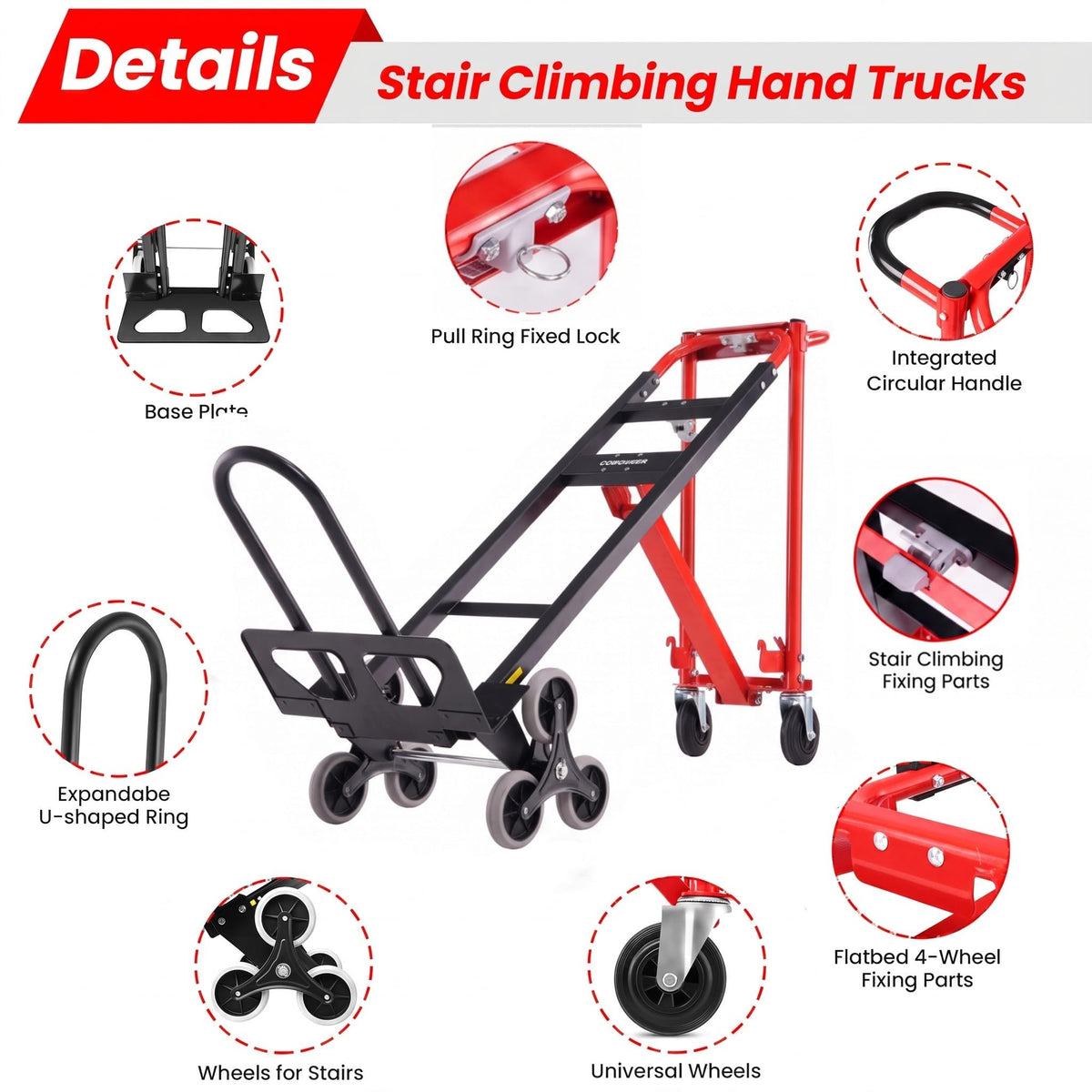 Heavy Duty 1000LBS Stair Climbing Convertible Hand Truck Cart with Solid Wheels F665721