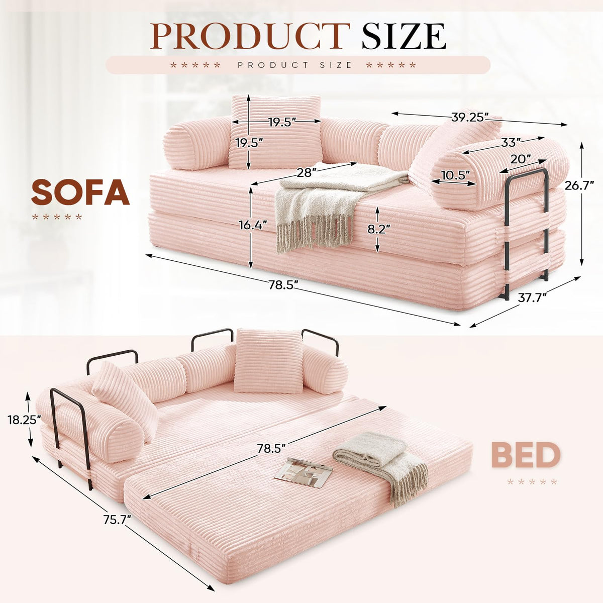 Pink Corduroy Convertible Sleeper Sofa Bed P705590