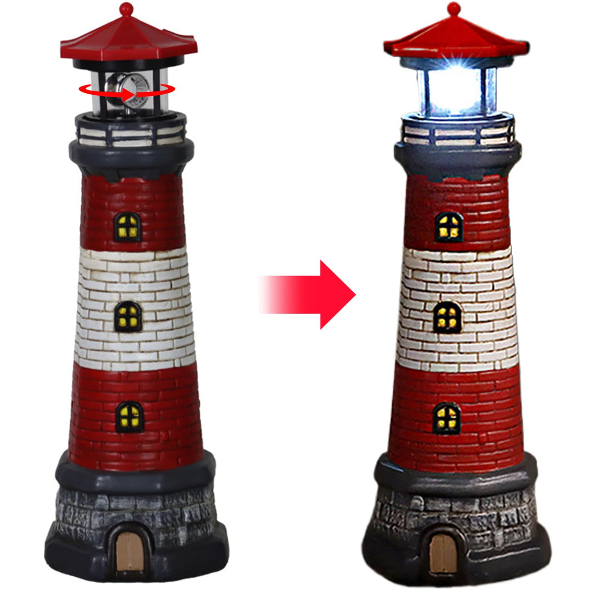 Solar Lighthouse with Rotating LED Lights, 4.7x4.7x14.8 Decorative Garden Statues, Red W272336