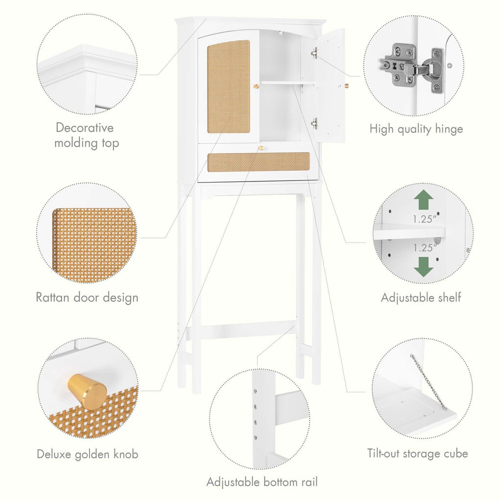 Over the Toilet Storage Cabinet with Arched Rattan Doors, White C88571