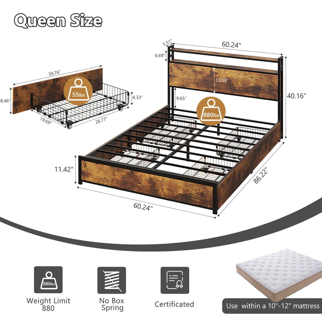 Queen Bed Frame with 4 Storage Drawers and Headboard S379372
