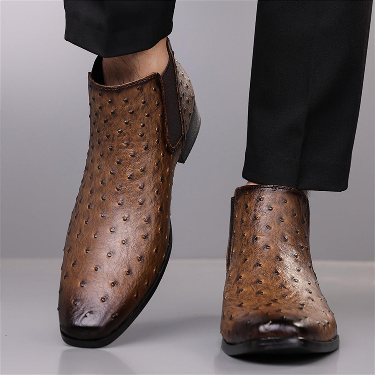 Men's Ostrich Patent Leather Chelsea Boots Pointed Toe Low Heel Ankle Boots Z1364