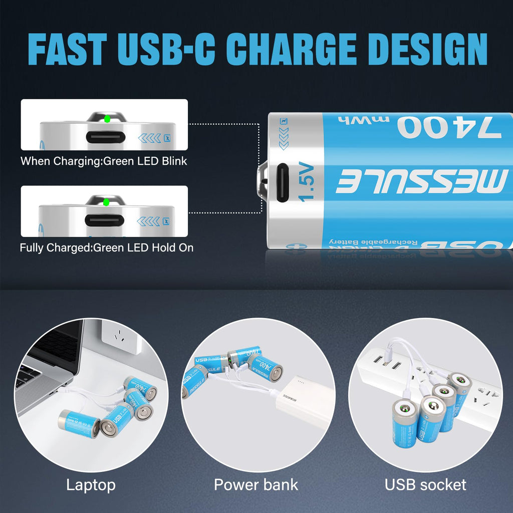 4 Pack 1.5V Rechargeable Lithium D Cell Batteries with USB-C Charge Cable Y106638