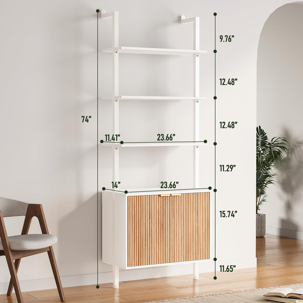 74" Tall White and Oak Bookshelf with Storage Cabinet S4018