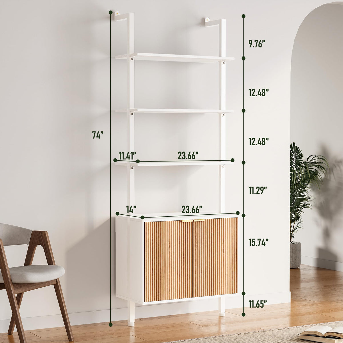 74" Tall White and Oak Bookshelf with Storage Cabinet S4018