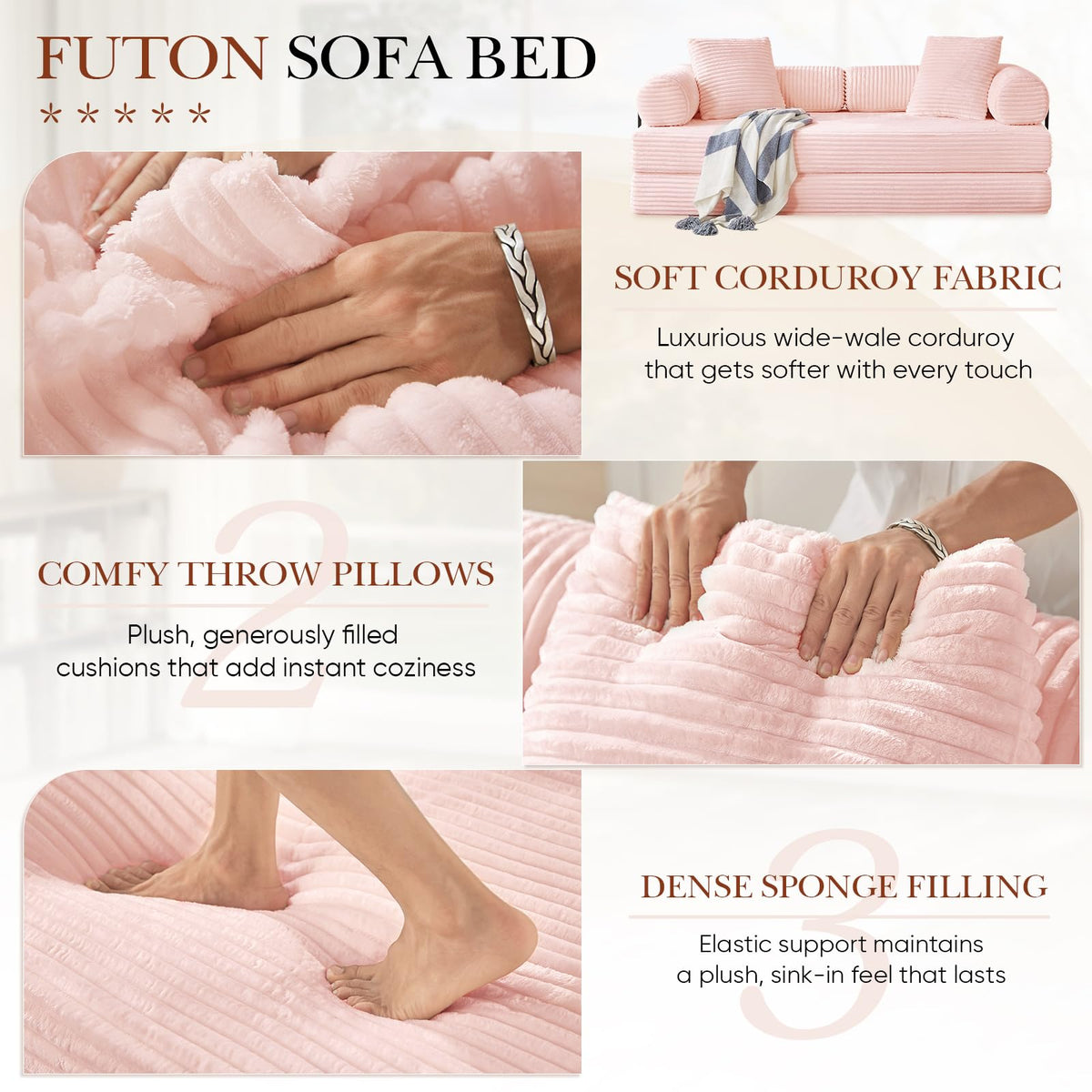 Pink Corduroy Convertible Sleeper Sofa Bed P705590