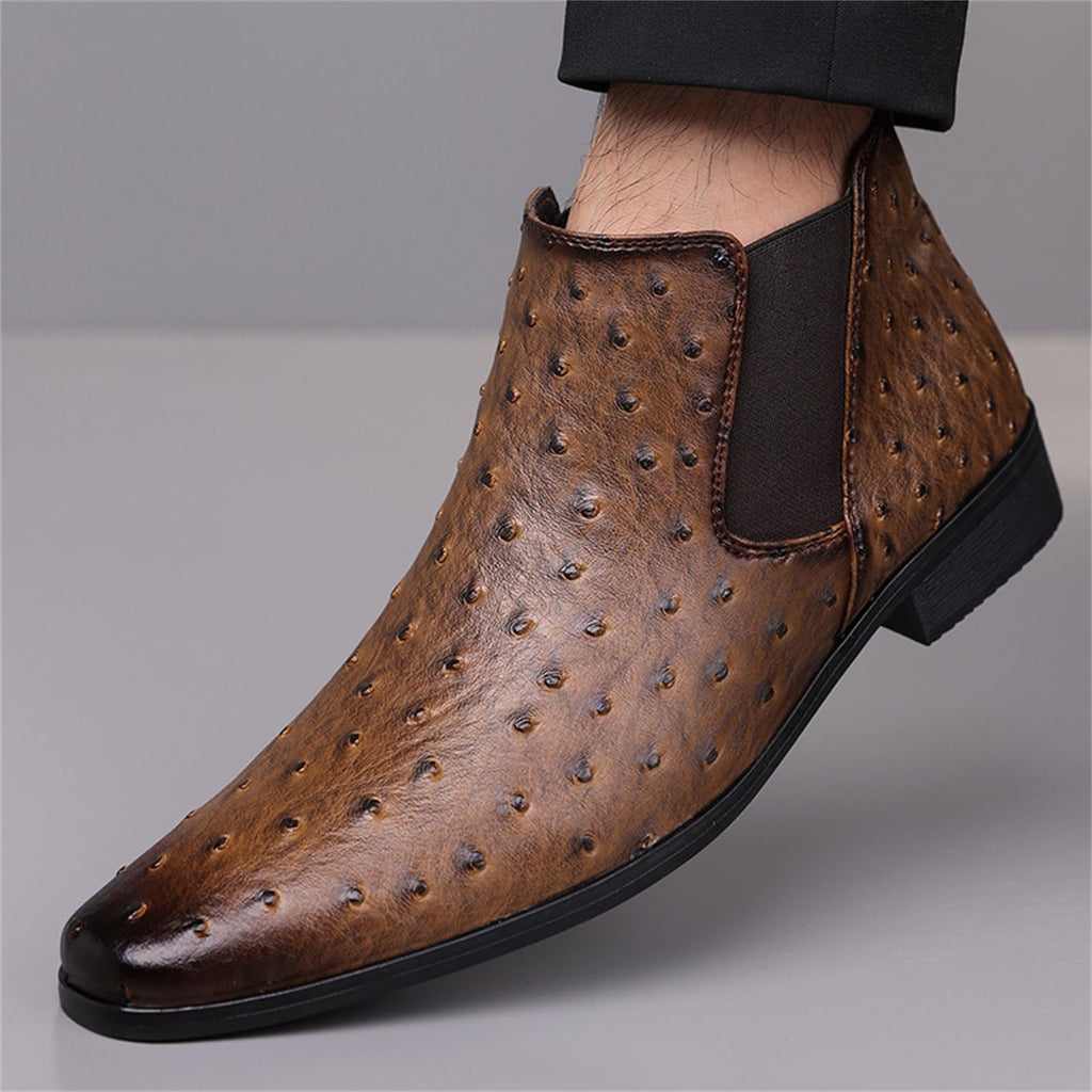 Men's Ostrich Patent Leather Chelsea Boots Pointed Toe Low Heel Ankle Boots Z1364