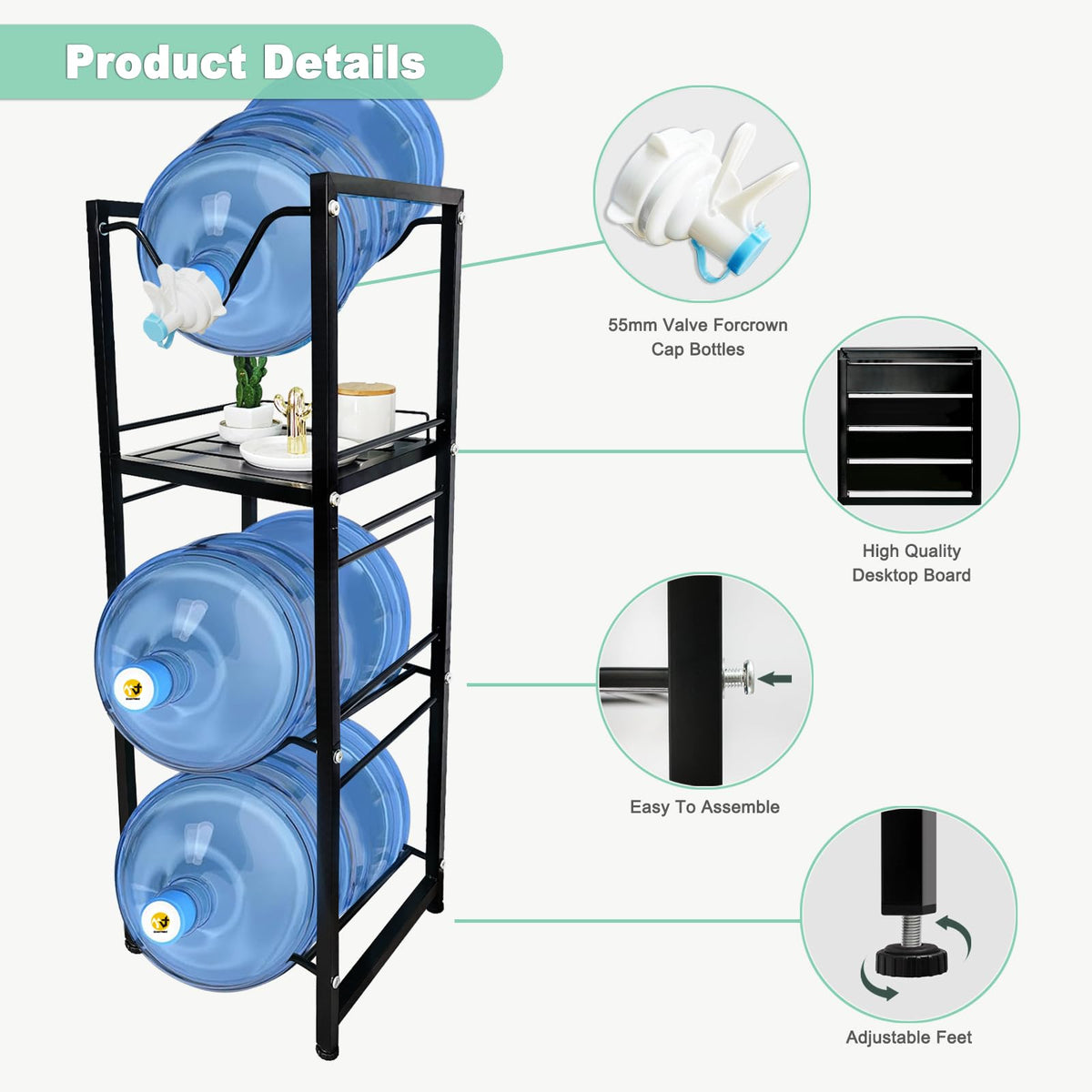 5 Gallon Water Jug Holder with 3-Tier Storage Shelves Black Z732740