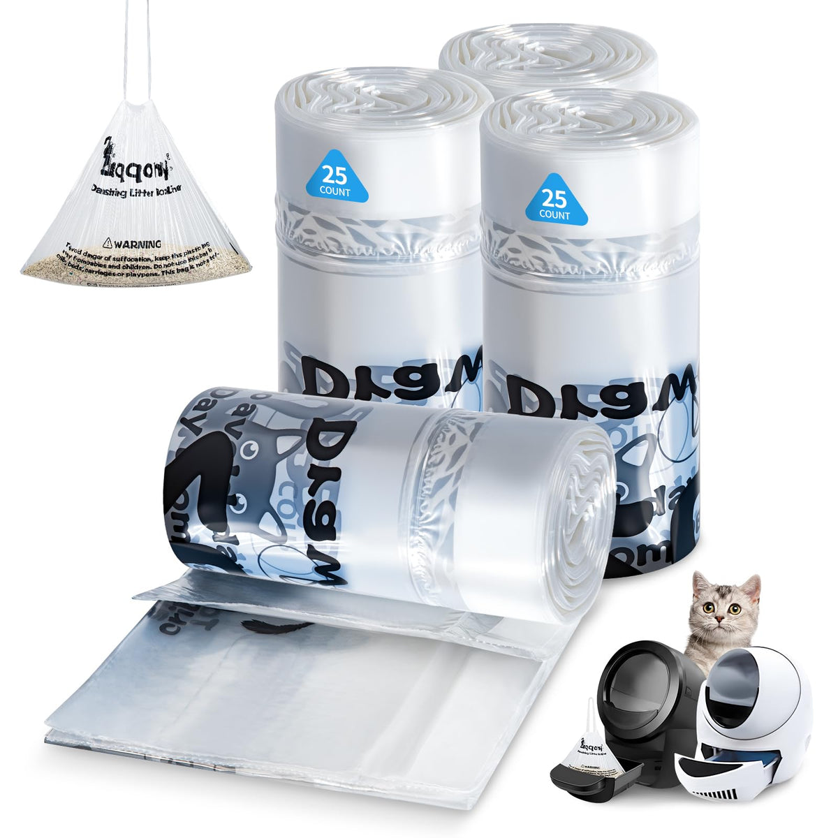 Litter Box Liners 100 Count Leak-Proof Drawstring I723