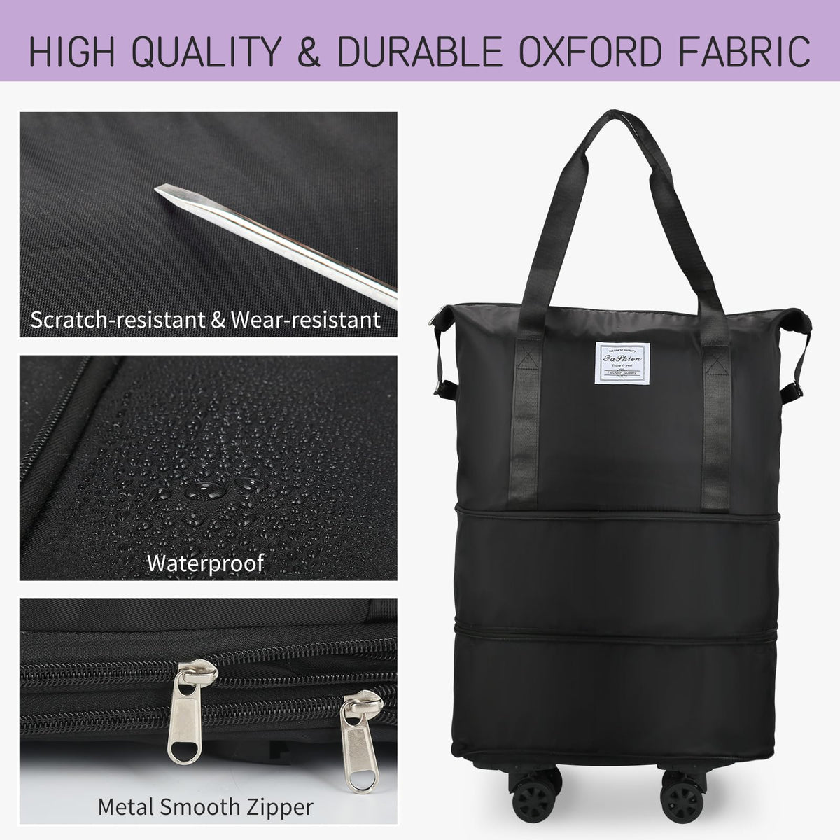 Expandable Rolling Duffle Bag with Wheels, 18L to 30L, Black B6223