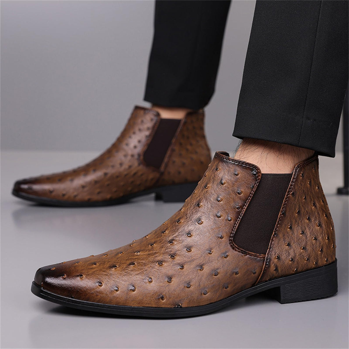 Men's Ostrich Patent Leather Chelsea Boots Pointed Toe Low Heel Ankle Boots Z1364