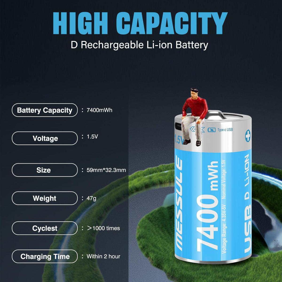 4 Pack 1.5V Rechargeable Lithium D Cell Batteries with USB-C Charge Cable Y106638