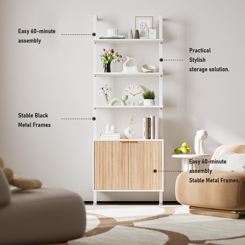 74" Tall White and Oak Bookshelf with Storage Cabinet S4018