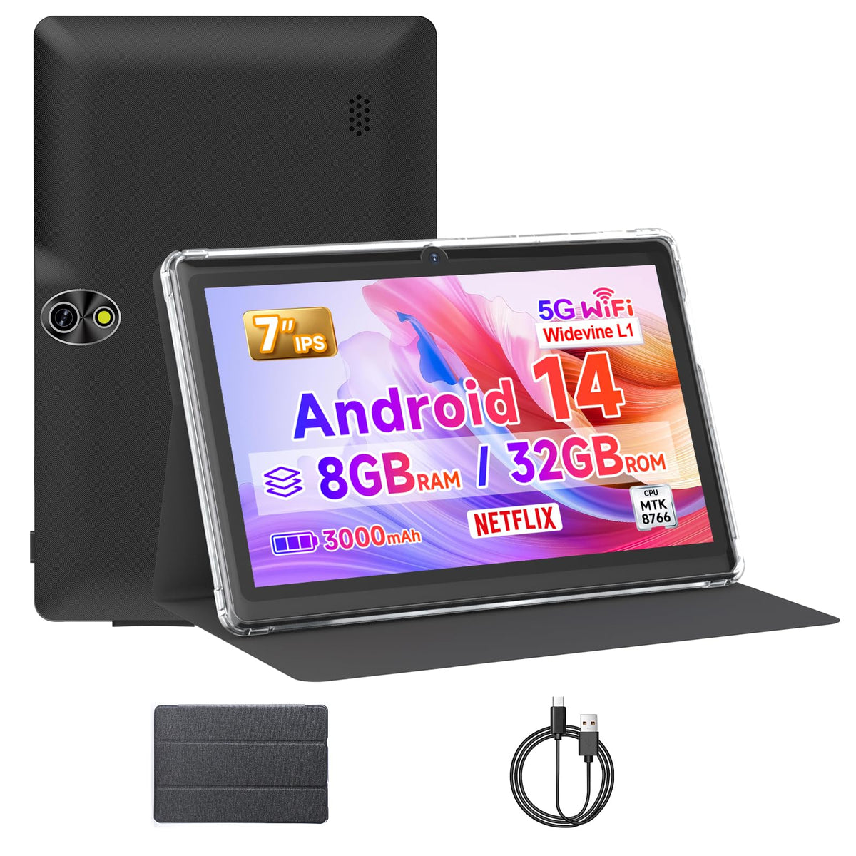 7 Inch Android Tablet with Protective Case, 8GB RAM 32GB ROM, Black T5554