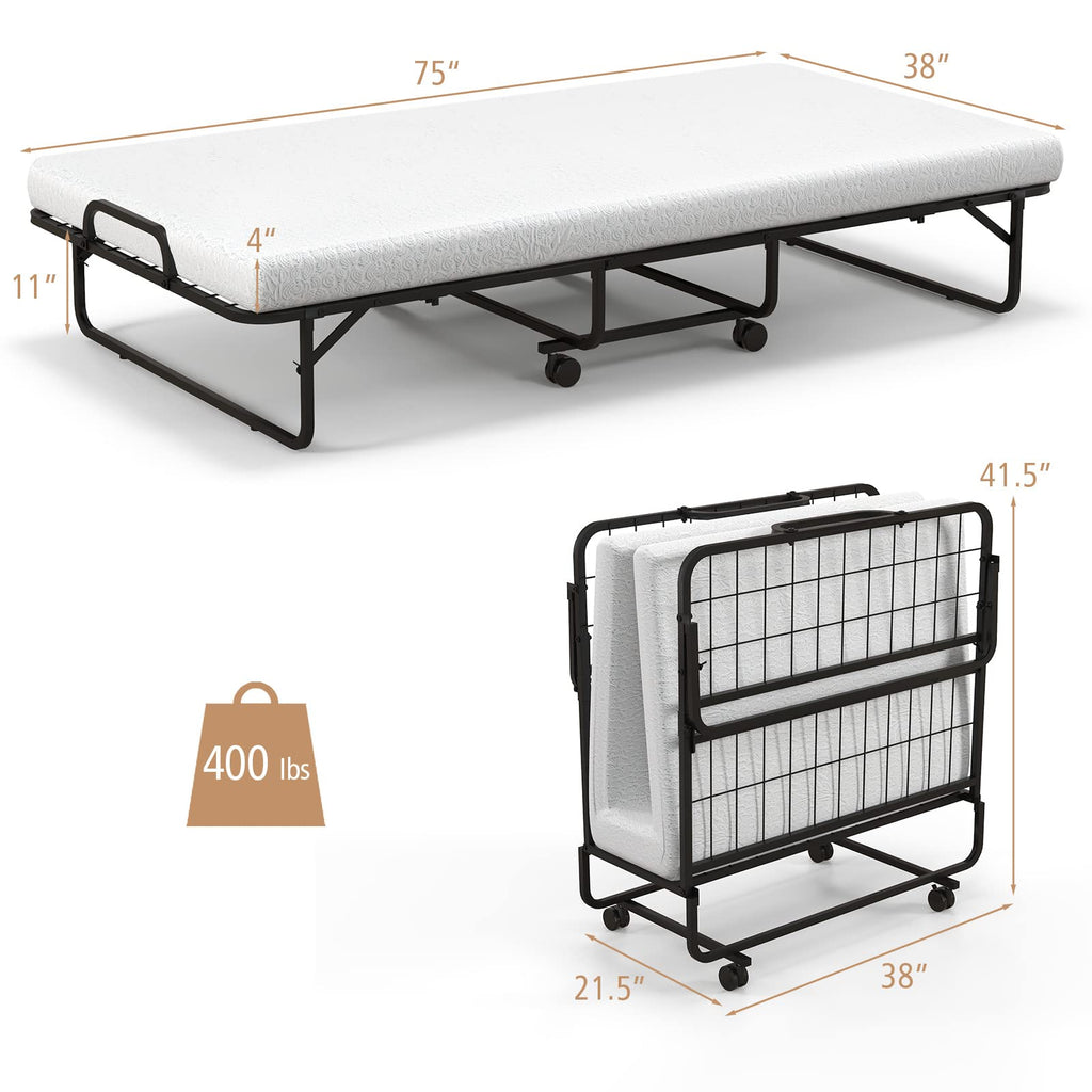 Folding Bed with Mattress Twin Size Metal Frame Memory Foam H447