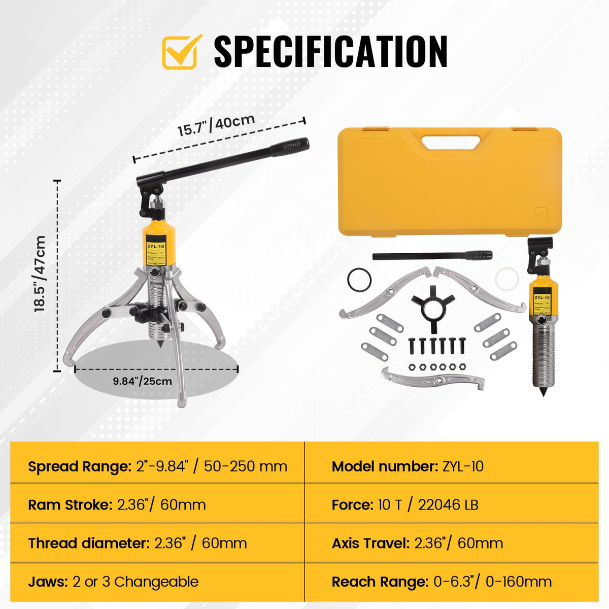 Hydraulic Gear Puller 10 Ton 2 or 3 Jaws with Case Z973228