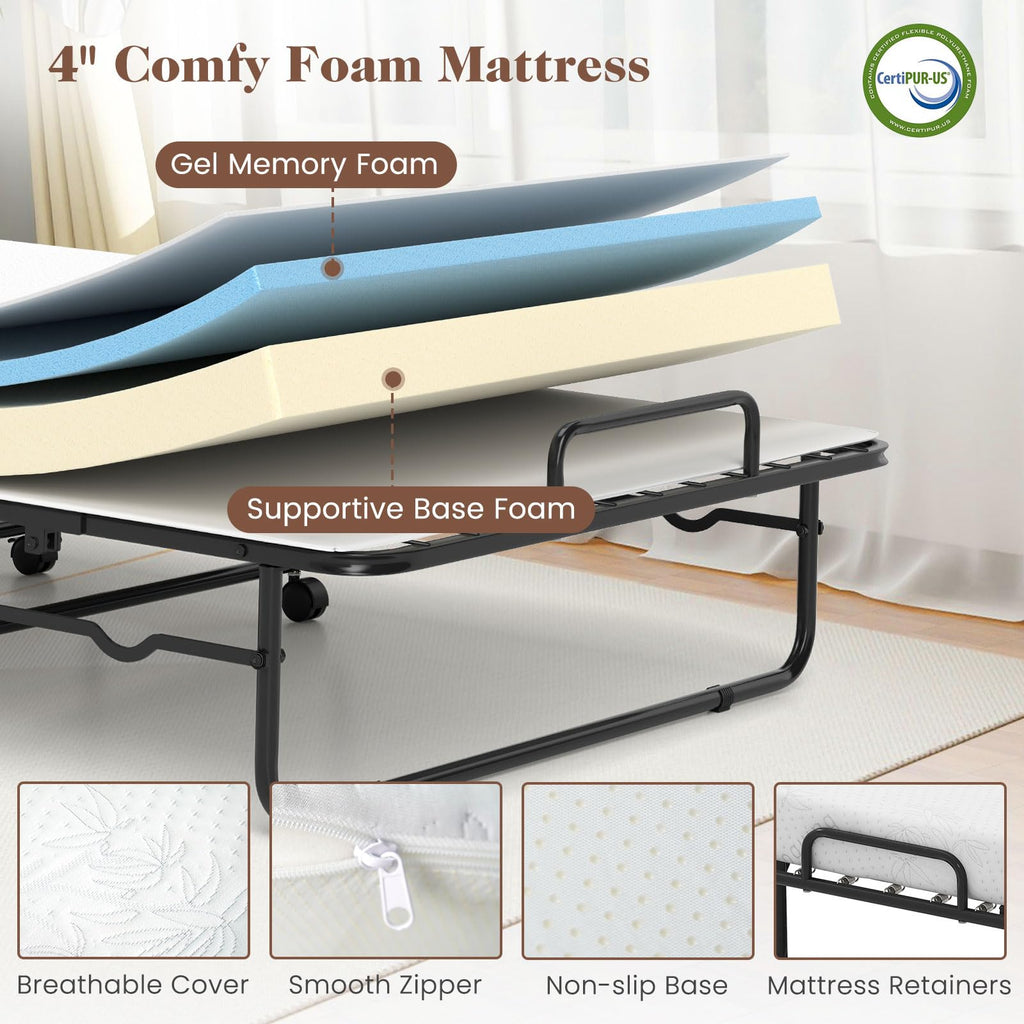 Folding Bed with Mattress, Cot Size Gel Memory Foam Metal Frame T651113