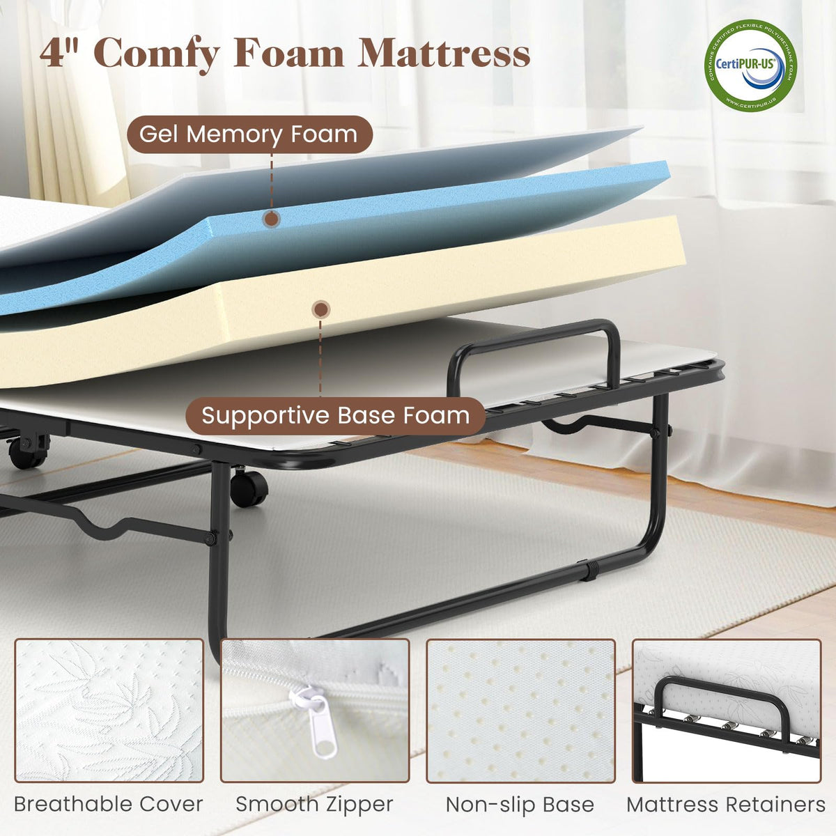 Folding Bed with Mattress, Cot Size Gel Memory Foam Metal Frame T651113