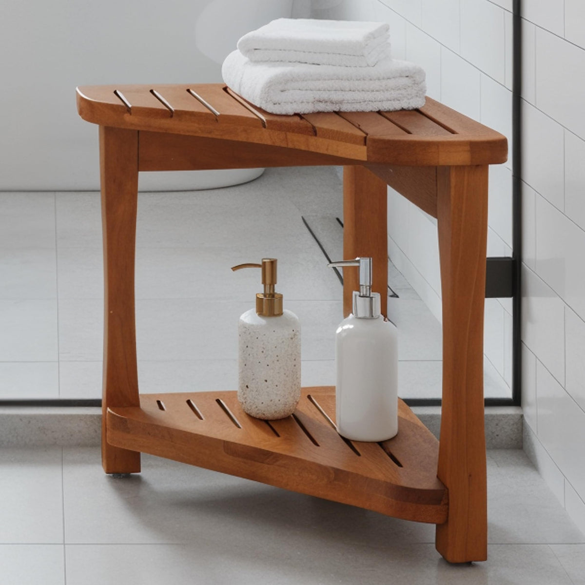 Teak Corner Shower Bench with Storage Shelf G876011