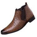 Men's Ostrich Patent Leather Chelsea Boots Pointed Toe Low Heel Ankle Boots Z1364