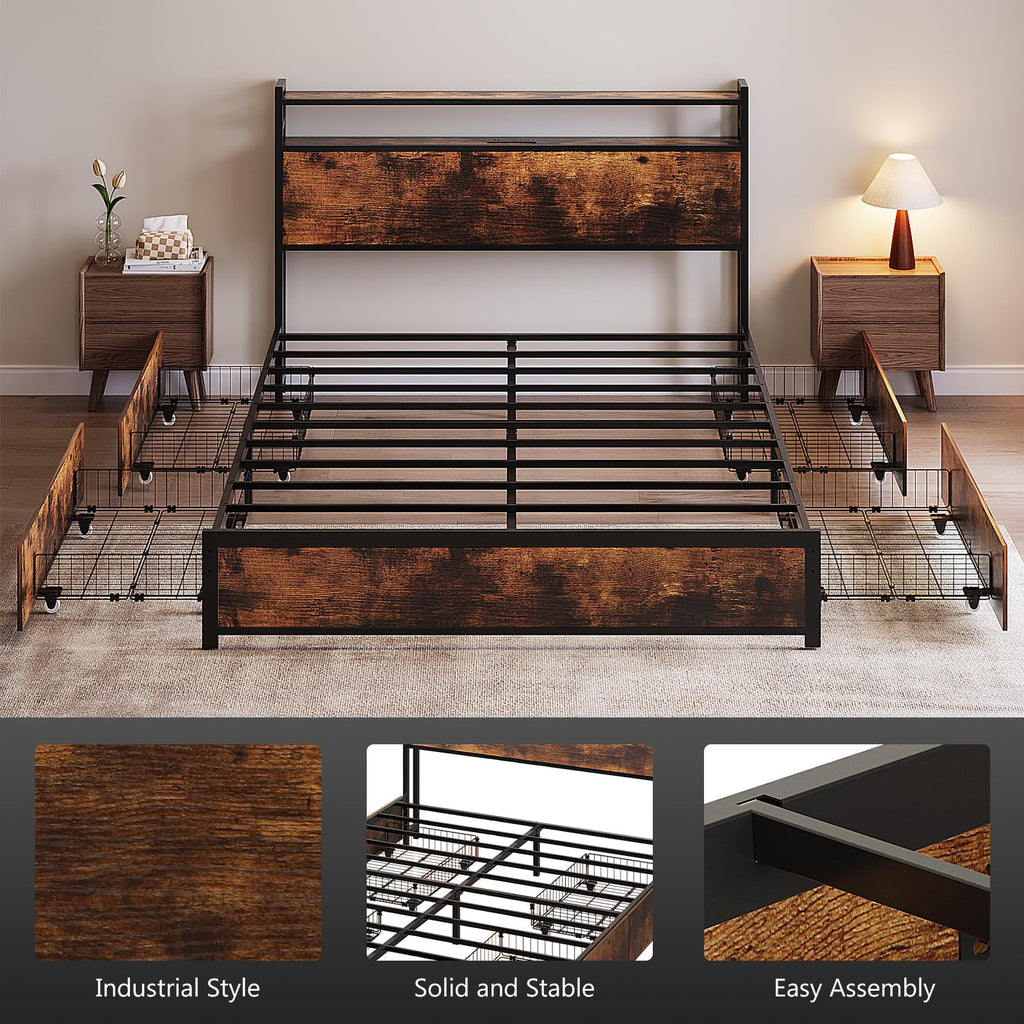 Queen Bed Frame with 4 Storage Drawers and Headboard S379372