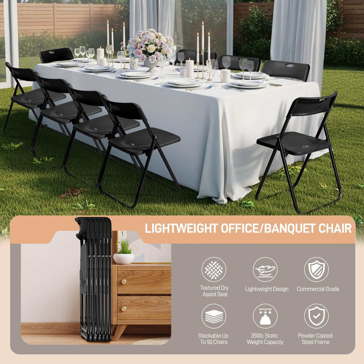 10 PCS Black Plastic Folding Chair J269321