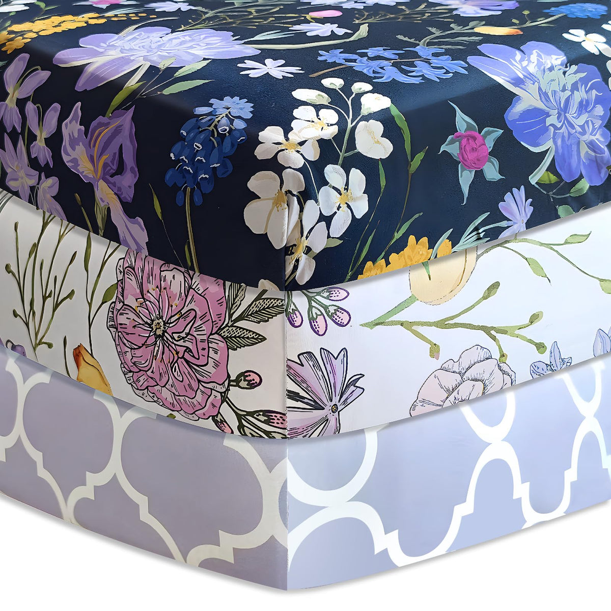 Soft Floral Crib Sheets 3 Pack 28'' X 52'' Fitted Microfiber Violet Z322198