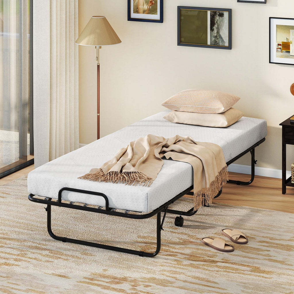 Folding Bed with Mattress, Cot Size Gel Memory Foam Metal Frame T651113