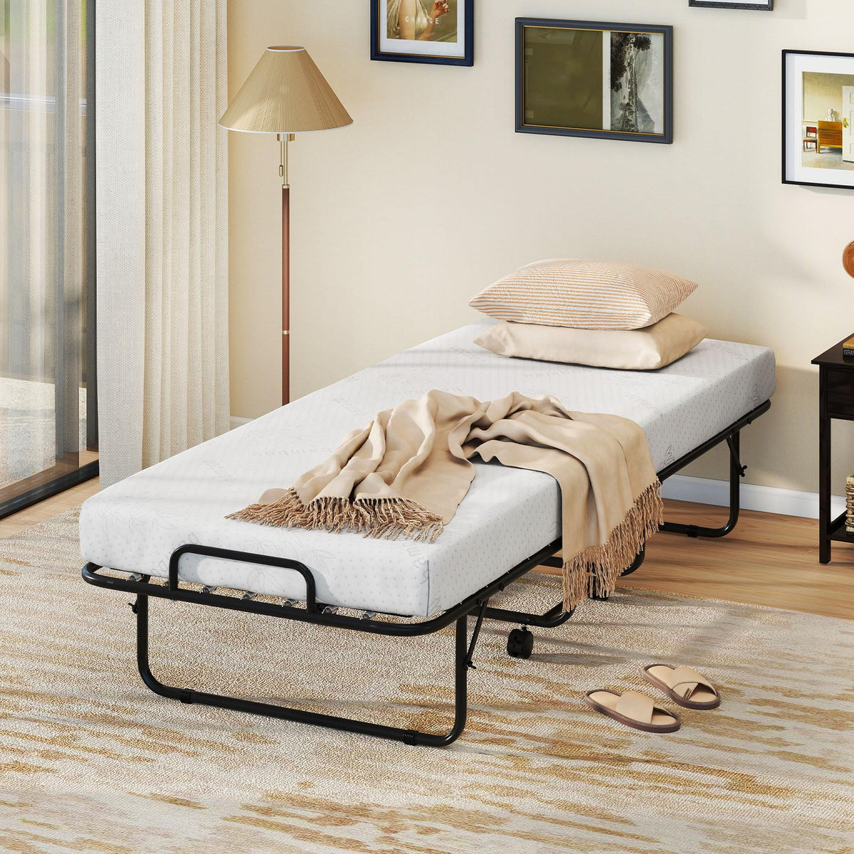 Folding Bed with Mattress, Cot Size Gel Memory Foam Metal Frame T651113