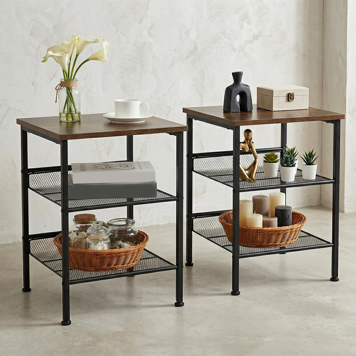 3-Tier End Tables Set of 2 Metal Mesh Square J40363