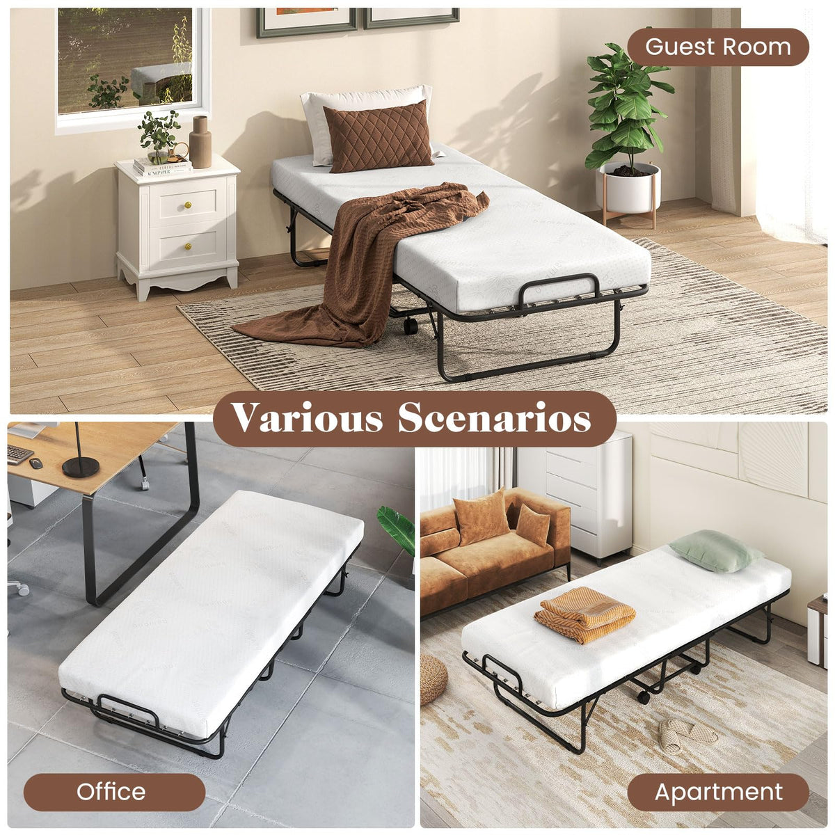 Folding Bed with Mattress, Cot Size Gel Memory Foam Metal Frame T651113